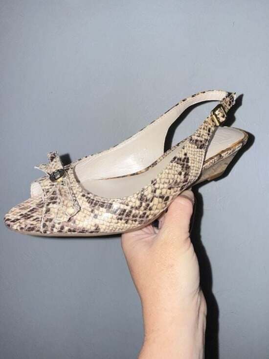 Etienne Aigner Shoes - Etienne Aigner Snakeskin Print Peep-Toe Slingback Cork Wedge Sandals